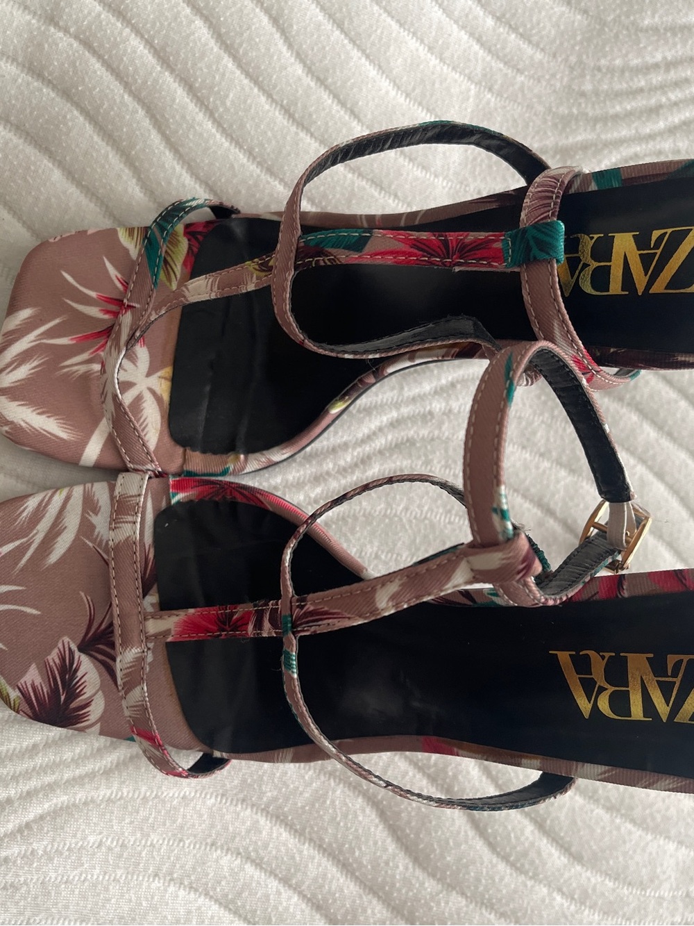 Zara Mauve Floral Strappy Heels with Teal and Red Accents